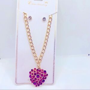 Necklace Crystal Deep Pink and Purplish Heart with Earrings and Golden chain.
